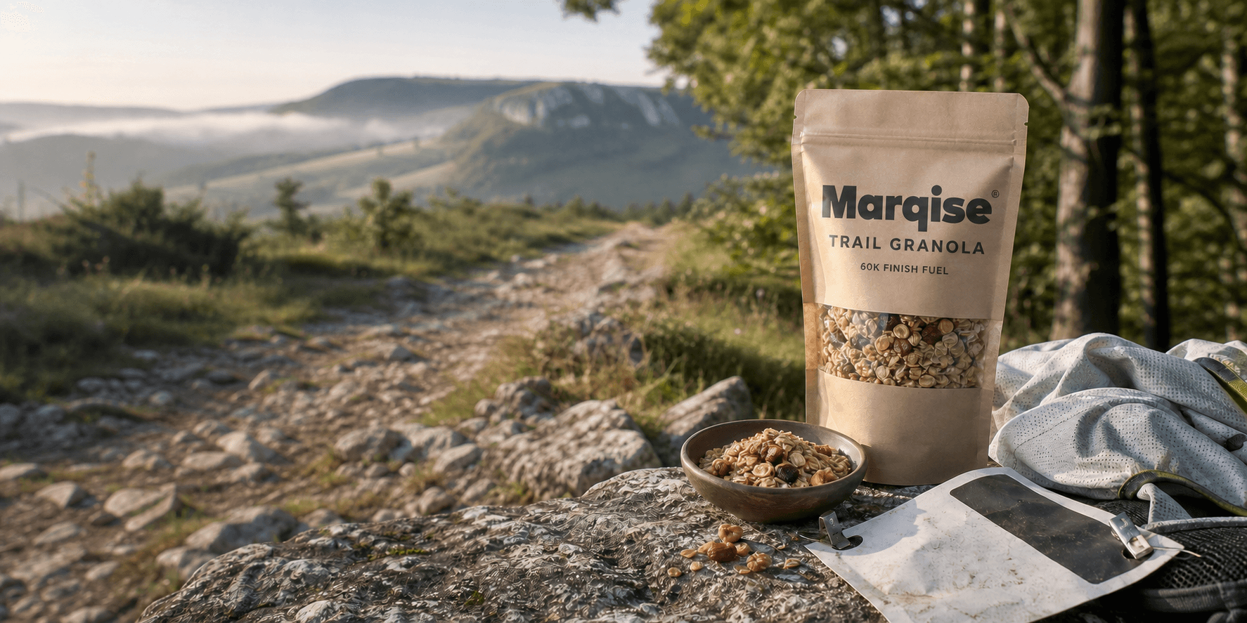 Marqise® Trail Granola Packung auf einem felsigen Weg der Schwäbischen Alb