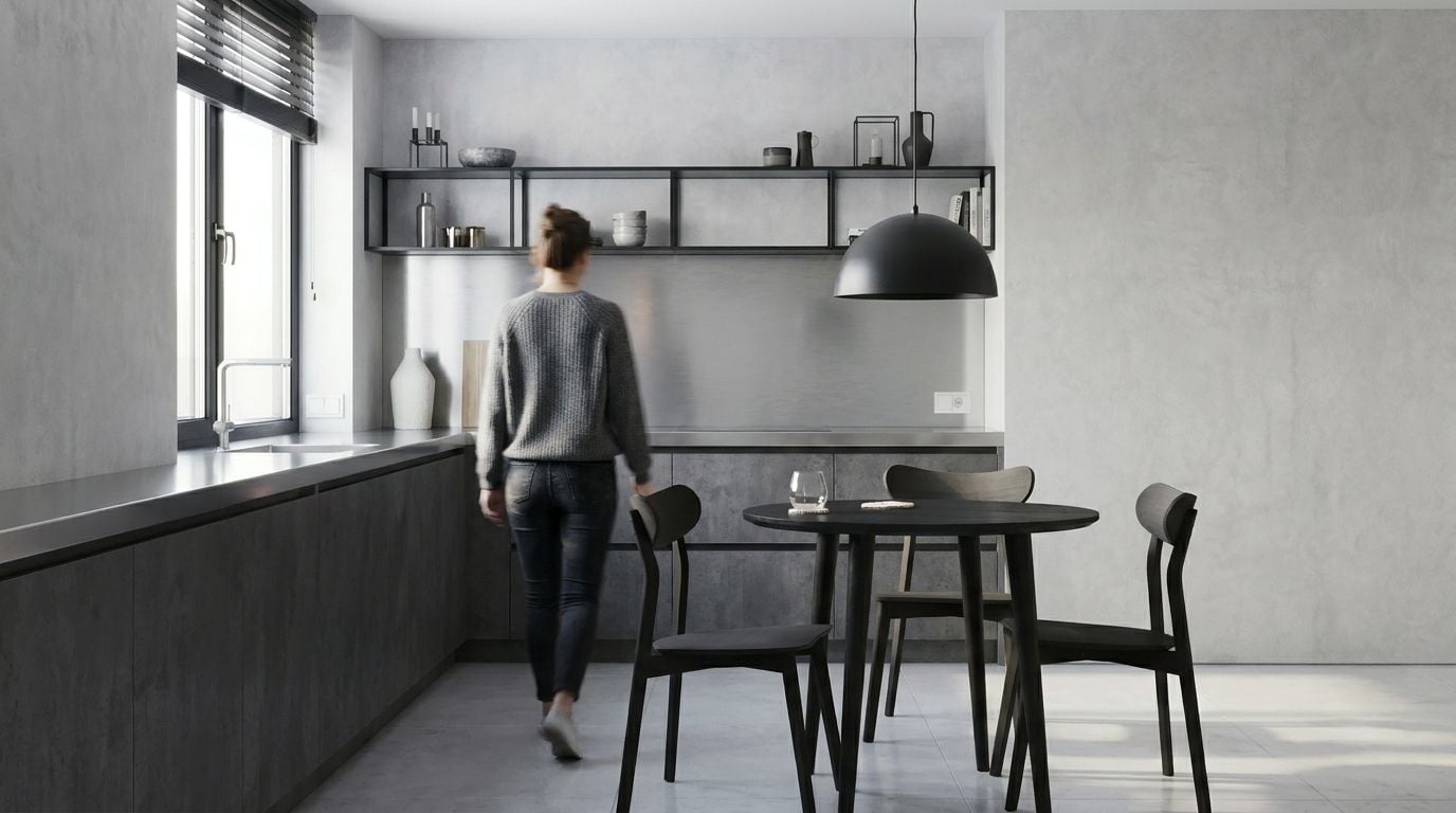Anjas Industrial-Loft L-Küche in Backnang – Rohe Texturen aus Beton und Edelstahl