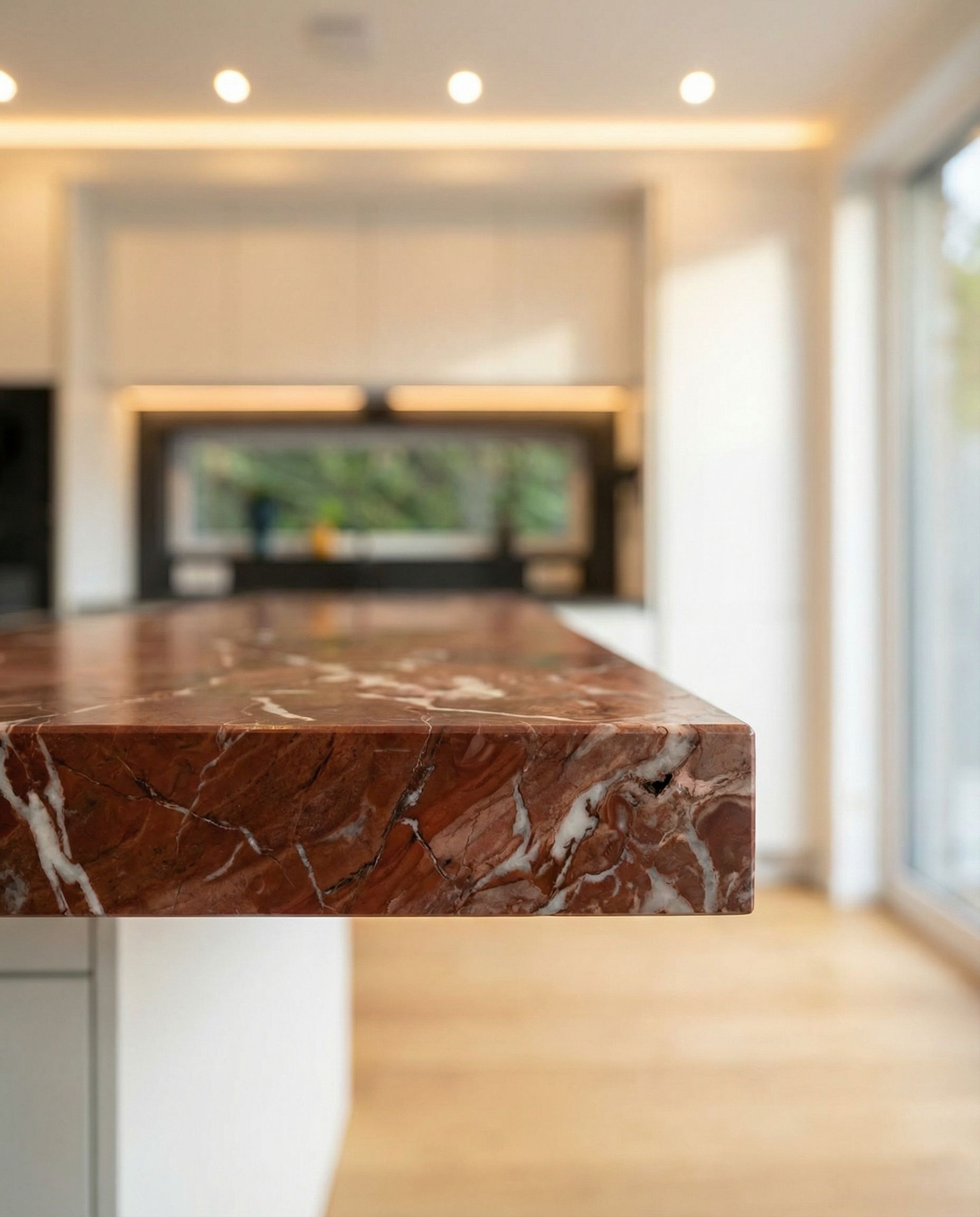 Detailaufnahme der roten Marmor-Pultplatte mit markanter Maserung.