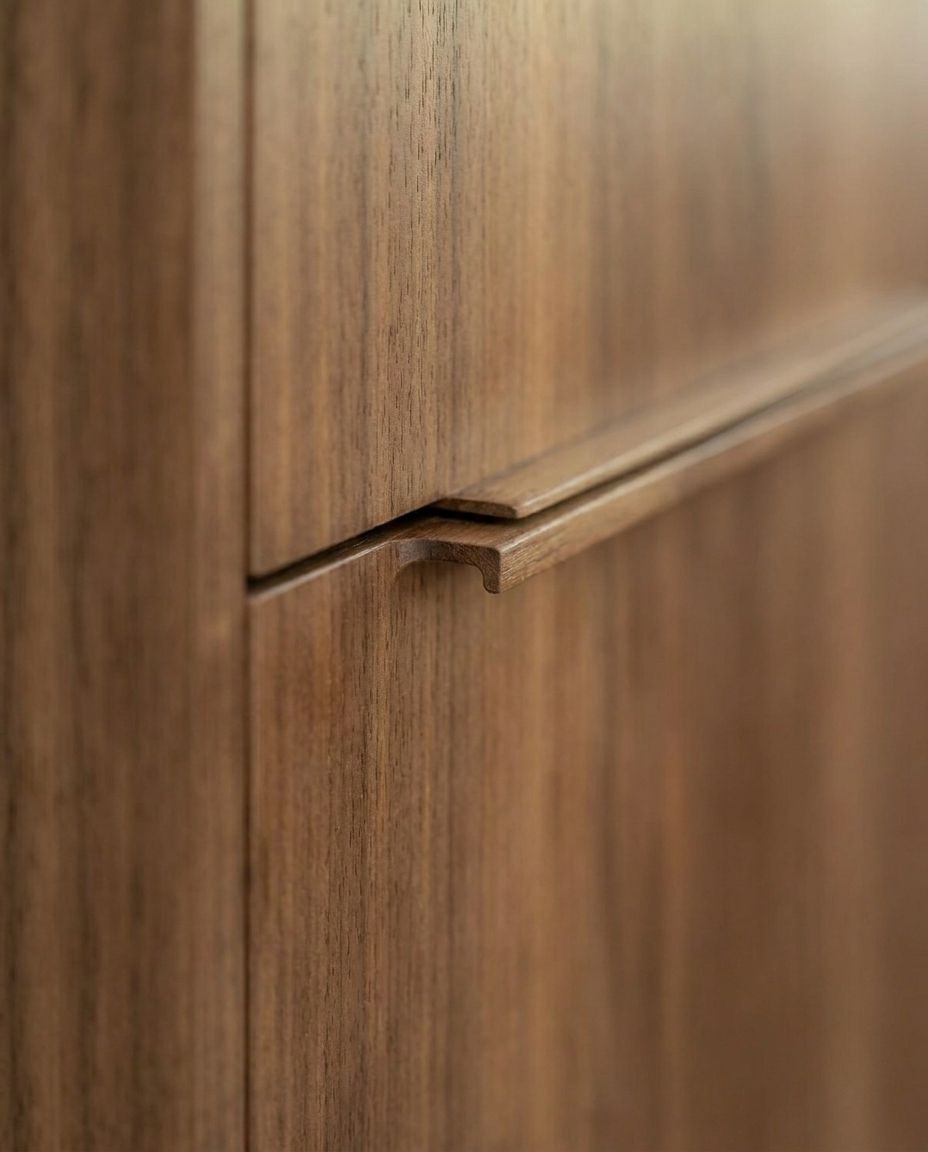 Detail der grifflosen Fronten aus geräuchertem Nussbaum-Furnier mit vertikaler Maserung.