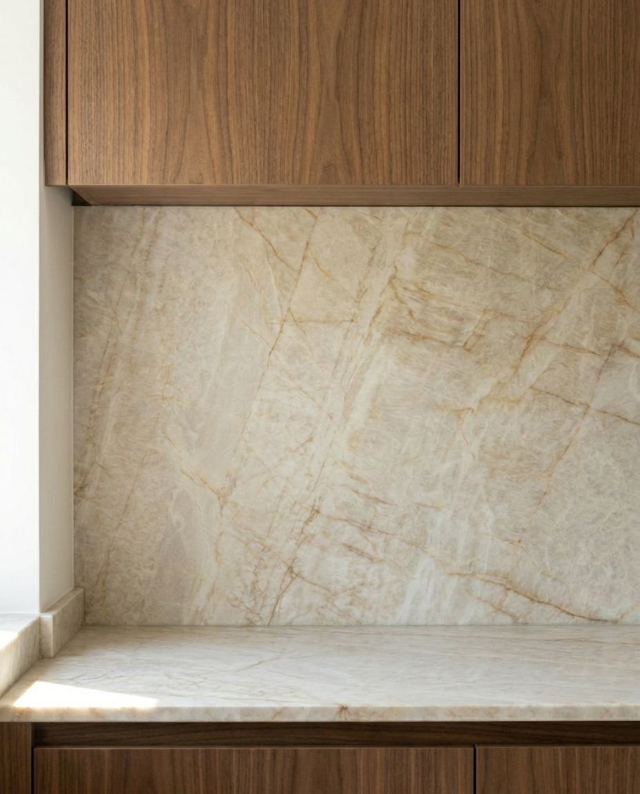 Geöffneter Hochschrank mit Tip-On-Technik in einer Nussbaum-Küche in Heidenheim.