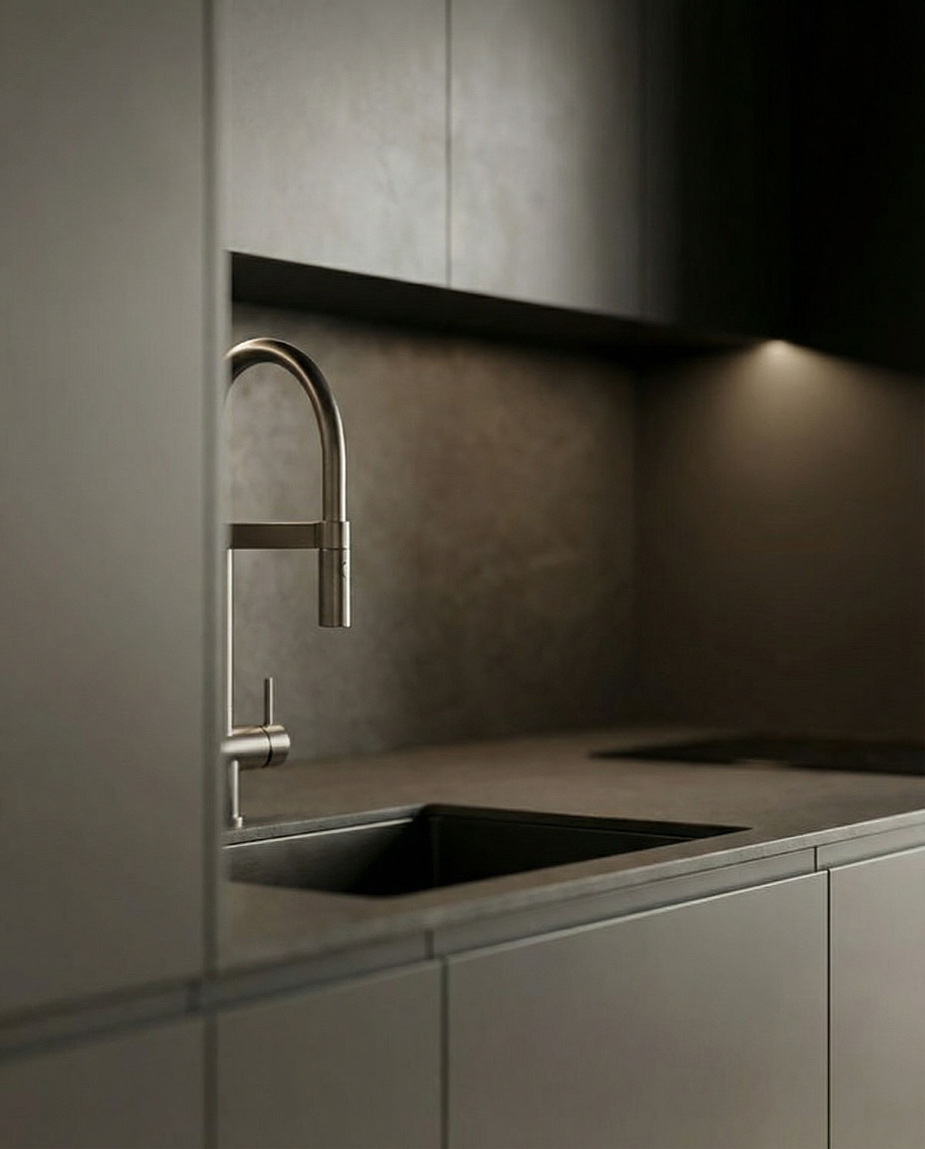 Blanco Armatur und integrierte Keramik-Spüle mit grifflosen Fronten in Matt Anthrazit.